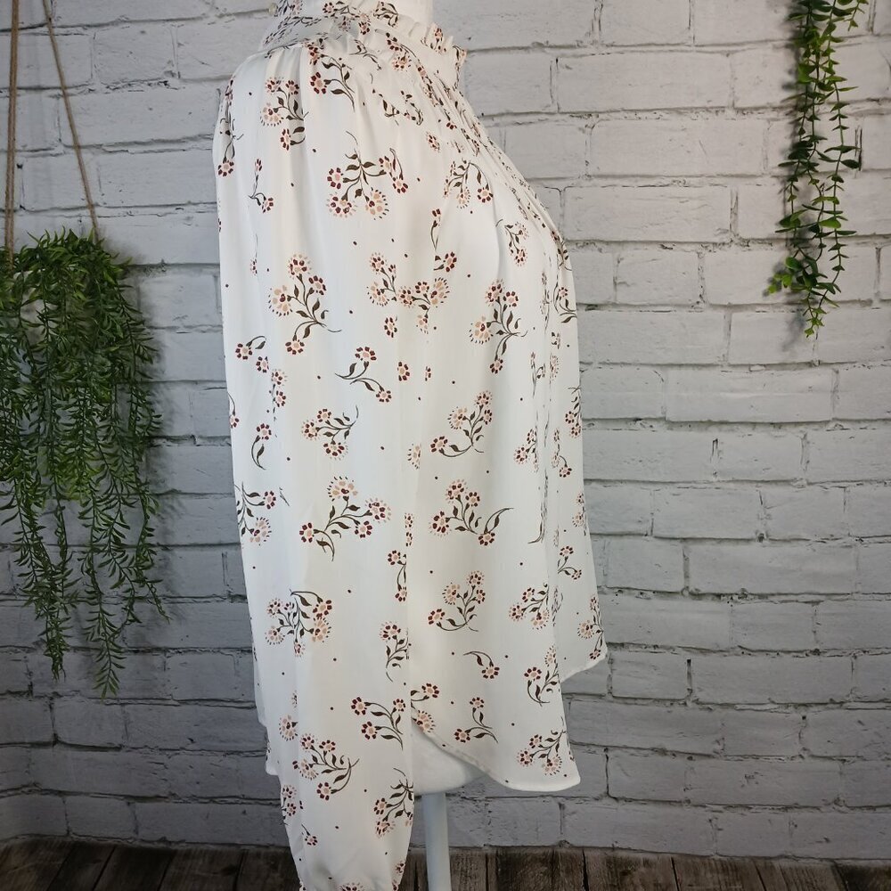 WOMENS LOFT BLOUSE CREAM FLORAL DESIGN RUFFLE NECK LONG SLEEVE CAREER XS - Picture 5 of 8